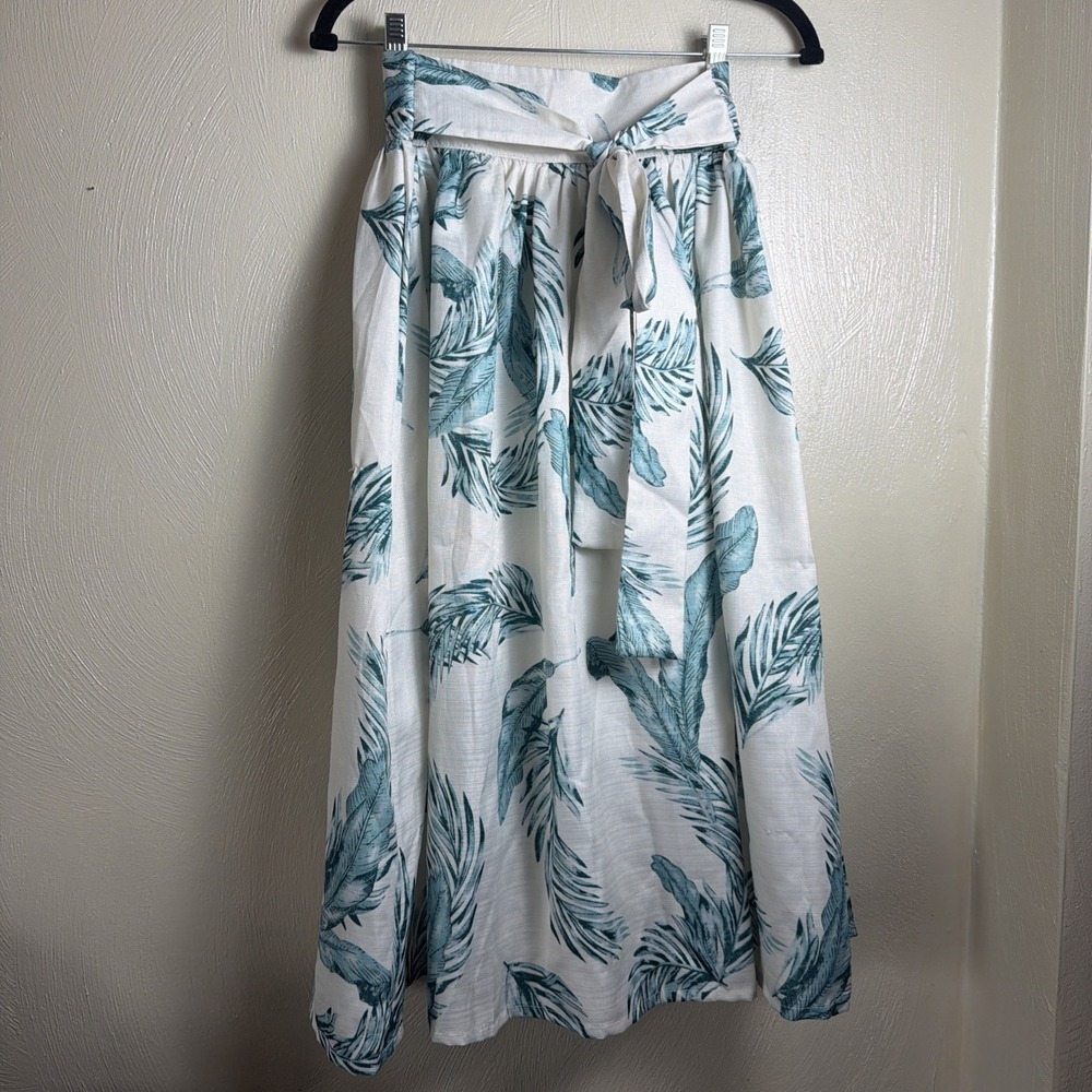 Chicwish Palm Leaf Tropical Midi Skirt Womens High Waist Tie Front A-Line White⁠